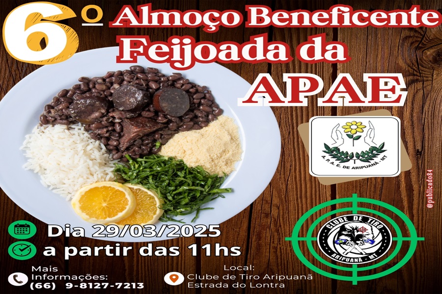 6º Almoço Beneficente da APAE de Aripuanã acontece neste sábado no Clube de Tiro e Caça 
