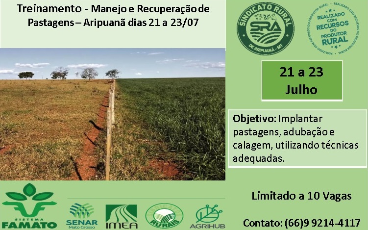 Sindicato Rural de Aripuanã e Senar promovem curso gratuito de manejo e recuperação de pastagens 