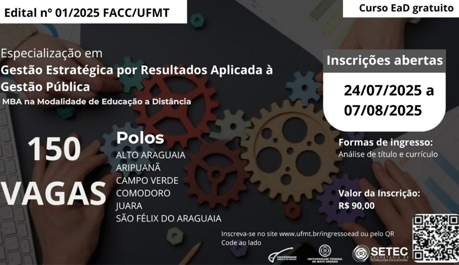 UFMT abre inscrições para especialização em Gestão Estratégica com 25 vagas para Aripuanã 