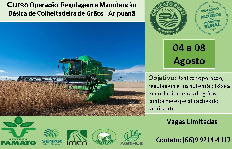 Curso de Operação e Manutenção de Colheitadeira de Grãos será realizado em Aripuanã com apoio do Sindicato Rural e SENAR-MT 
