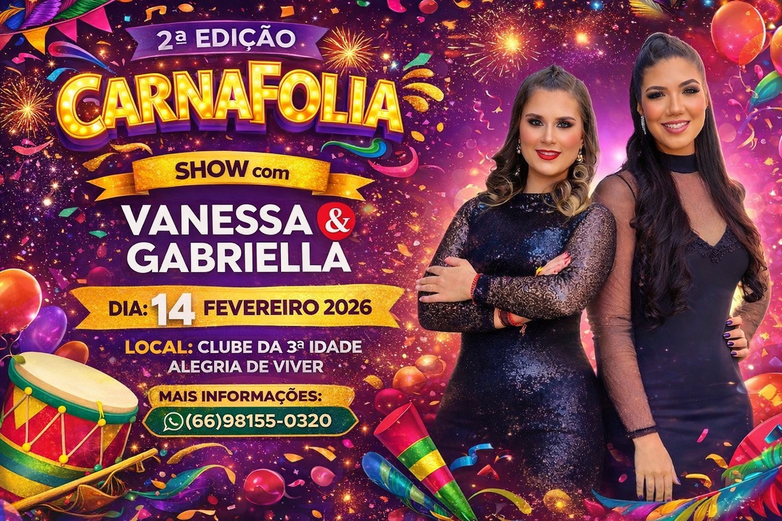 2ª edição do CarnaFolia promete agitar Aripuanã no dia 14 de fevereiro com show de Vanessa e Gabriela 
