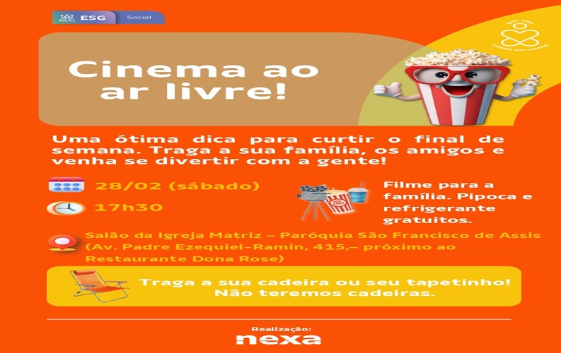 Cinema ao Ar Livre da Nexa será realizado gratuitamente neste sábado em Aripuanã 