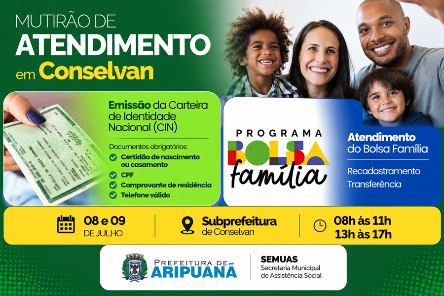 Prefeitura de Aripuanã leva mutirão de atendimentos sociais ao distrito de Conselvan nos dias 8 e 9 de julho 