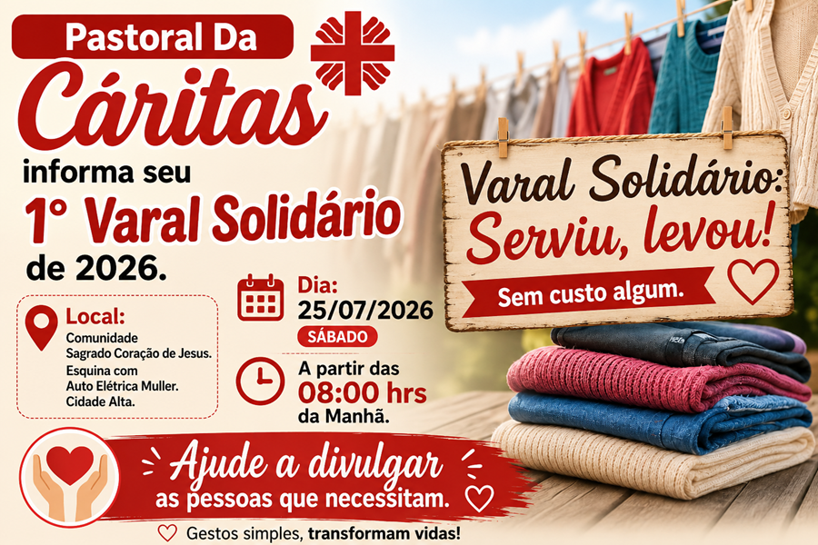 Pastoral da Cáritas realiza neste sábado o 1º Varal Solidário de 2026 em Aripuanã 