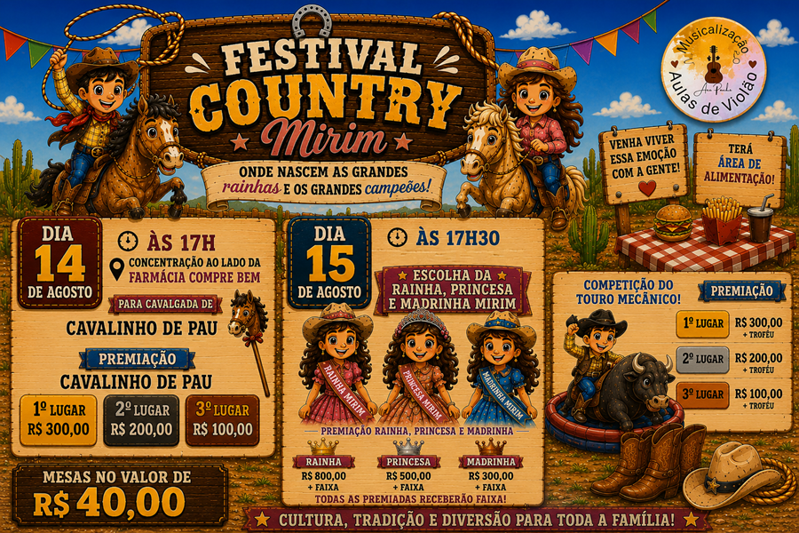 Aripuanã recebe a 1ª edição do Festival Country Mirim nos dias 14 e 15 de agosto  