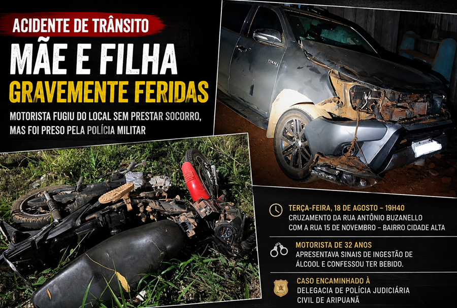 Homem é preso após fugir de local de acidente que deixou mãe e filha feridas em Aripuanã 