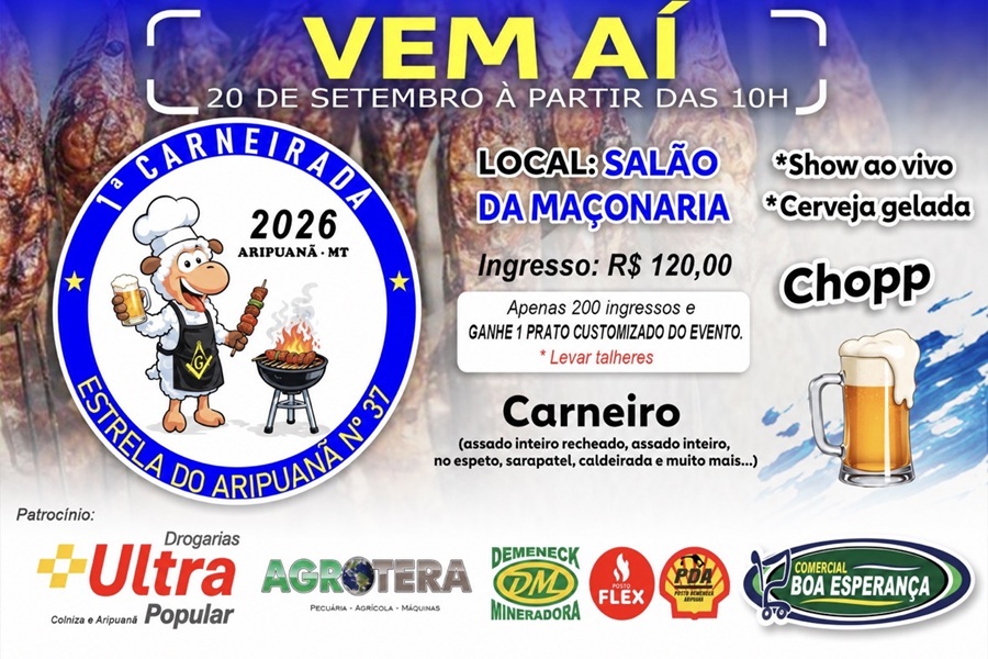 Aripuanã recebe 1ª Carneirada da Maçonaria neste domingo com gastronomia, música e ação beneficente 