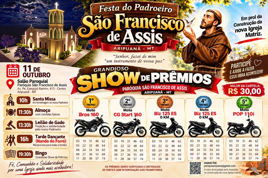 Festa do Padroeiro de Aripuanã terá missa, almoço, leilão de gado, tarde dançante e bingo 