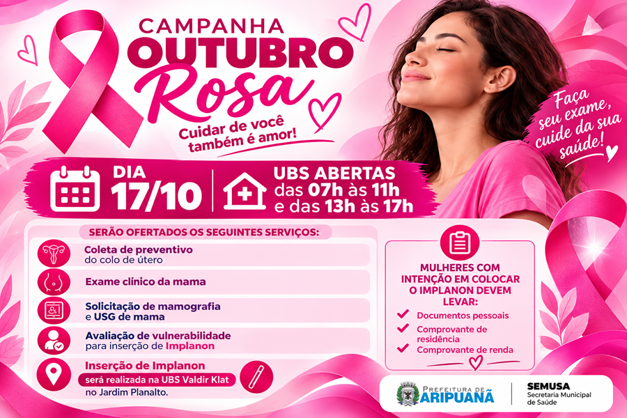 Aripuanã promove ações do Outubro Rosa com atendimento nas UBS no dia 17 de outubro 